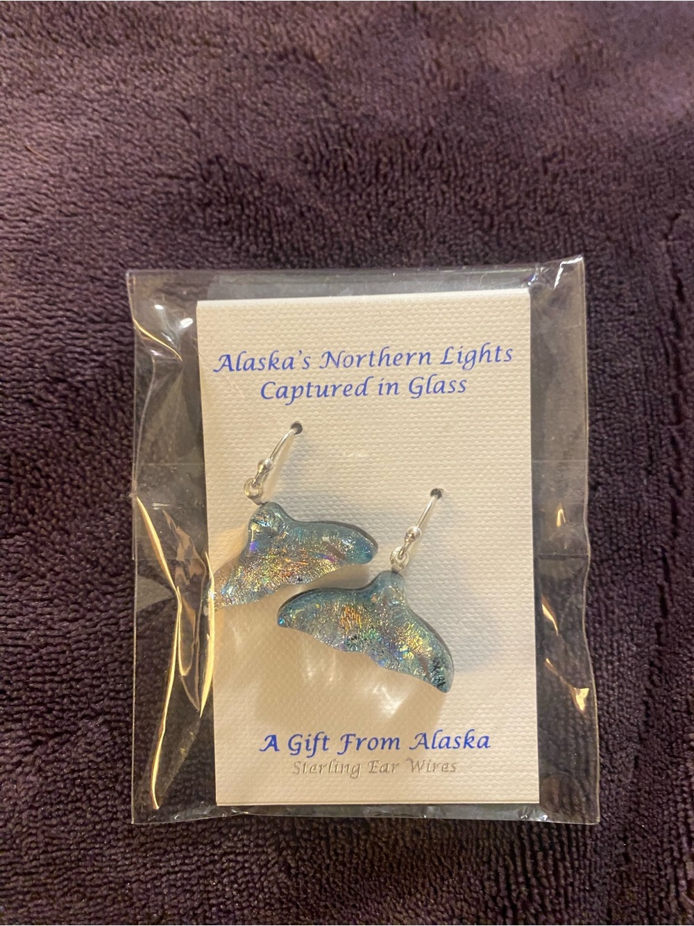 NWT Alaska’s Northern Lights Blue Aurora Whale Tail Glass Earrings